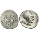 Corinthia, Corinth, Stater, c. 405-345 BC; AR (g 8,58; mm 23; h 3); Pegasus flying l.; below, ?, Rv.