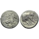 Sicily, Gela, Didrachm, c. 490-475 BC; AR (g 8,70; mm 21; h 1); Horseman galloping r., holding