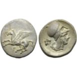 Corinthia, Corinth, Stater, c. 405-345 BC; AR (g 8,19; mm 23; h 5); Pegasos flying l.; below, ?, Rv.