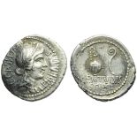 C. Cassius Longinus with P. Cornelius Lentulus Spinther, Denarius, Mint moving with Brutus and