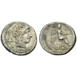 M. Porcius Cato, Quinarius, Rome, 89 BC; AR (g 1,98; mm 10; h 6); Head of Liber r., wearing ivy-