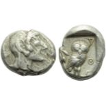 Attica, Athens, Tetradrachm, c. 566-490 BC.; AR (g 17,48; mm 23; h 3); Head of Athena r., wearing