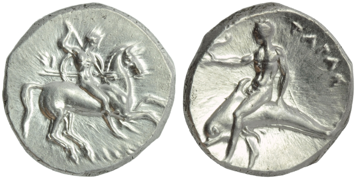 Apulia, Tarentum, Nomos, c. 302-280 BC; AR (g 7,89; mm 21; h 10); Horseman galloping r., holding