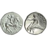 Apulia, Tarentum, Nomos, c. 302-280 BC; AR (g 7,89; mm 21; h 10); Horseman galloping r., holding