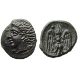 Sicily, Katane, Onkia, c. 405-402 BC; AE (g 0,83; mm 10; h 5); AME[...], horned head of Amenanos l.,