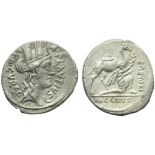 A. Plautius, Denarius, Rome, 55 BC; AR (g 3,41; mm 18; h 4); Head of Cybele r., with turreted crown;