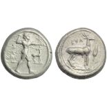 Bruttium, Caulonia, Stater, c. 474-425 BC; AR (g 8,16; mm 19; h 12); KAV?, Apollo standing r.,