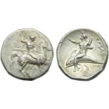 Apulia, Tarentum, Nomos, c. 290-281 BC; AR (g 7,91; mm 21; h 3); Horseman galloping r., holding