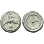 Apulia, Tarentum, Nomos, c. 500-480 BC; AR (g 8,03; mm 19; h 12); T???? (retrograde), oecist