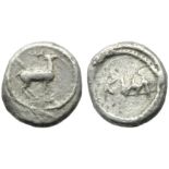 Bruttium, Caulonia, Diobol, c. 475-425 BC; AR (g 0,82; mm 9; h 12); Stag standing l., Rv. KAV (