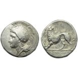 Lucania, Velia, Didrachm, c. 334-300 BC; AR (g 7,31; mm 21; h 3); Head of Athena l., wearing Attic