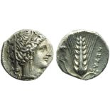 Lucania, Metapontion, Stater, c. 340-330 BC; AR (g 7,56; mm 20; h 1); Veiled head of Demeter r.,
