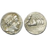 Anonymous (GAR, OGVL, VER series), Denarius, Rome, 86 BC; AR (g 3,88; mm 19; h 6); Head of Apollo