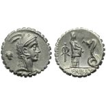 L. Roscius Fabatus, Denarius serratus, Rome, 64 BC; AR (g 3,90; mm 17; h 6); Head of Juno Sospita