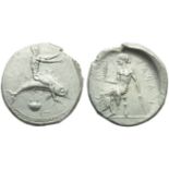 Apulia, Tarantum, Nomos, c. 470-425 BC; AR (g 7,87; mm 22; h 12); Oecist riding dolphin l., both