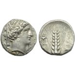 Lucania, Metapontion, Stater, c. 340-330 BC; AR (g 7,97; mm 19; h 8); Veiled head of Demeter r.,
