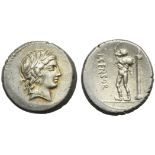 L. Marcius Censorinus, Denarius, Rome, 82 BC; AR (g 3,96; mm 17; h 9); Laureated head of Apollo