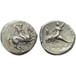 Apulia, Tarentum, Nomos, c. 332-302 BC; AR (g 7,81; mm 21; h 1); Horseman galloping r., holding