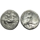 Apulia, Tarentum, Nomos, c. 280-272 BC; AR (g 6,37; mm 21; h 12); Horseman galloping r., holding