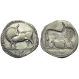 Lucania, Sybaris, Stater, c. 550-510 BC; AR (g 8,07; mm 29; h 12); Bull advancing l., head turned