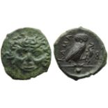 Sicily, Kamarina, Onkia, c. 420-405 BC; AE (g 1,51; mm 19; h 2); Gorgoneion, Rv. KAMA, owl