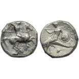 Apulia, Tarentum, Nomos, c. 332-302 BC; AR (g 7,72; mm 19; h 6); Horseman galloping r., holding