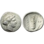 Lucania, Metapontion, Stater, c. 400-340 BC; AR (g 7,74; mm 23; h ; Head of Demeter r., hair bound