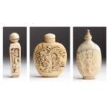 A group of three carved ivory snuff bottles - China, late 19th Century; ; finely engraved with