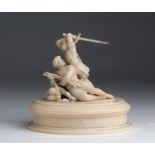 A carved ivory figural group depicting fight scene - probably France, 19th Century; ; on a ivory