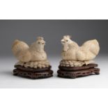 A pair of carved ivory opium boxes depicting nesting hens with spray of millet - China, early 20th