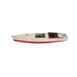 A PAINTED TIMBER MODEL OF A VINTAGE SPEED BOAT, labelled 'Hawley's Regent St. London W1',