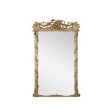 A LATE 19TH CENTURY GILTWOOD AND GESSO RECTANGULAR OVERMANTLE WALL MIRROR, the central cartouche