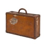 A VINTAGE LOUIS VUITTON TAN LEATHER MALLE SUITCASE, c.1920, with stamped fitted lock and leather