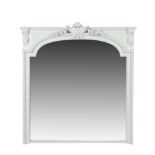 A WHITE PAINTED TIMBER FRAMED OVERMANTLE MIRROR, of rectangular form, surmounted with a tongue and