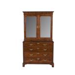 A FINE GEORGE I WALNUT CABINET SECRETAIRE CHEST, the plain moulded cornice above twin mirrored panel