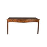 A 19TH CENTURY MAHOGANY SERPENTINE SIDE TABLE, in the George III taste, the plain top raised above