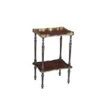 A VICTORIAN EBONISED BURR WALNUT AND MARQUETRY SHAPED ÉTAGÈRE, with metal gallery and mounts. 78 x