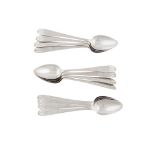 A MATCHED SET OF TWELVE GEORGE III IRISH SILVER POINTED HANDLE DESSERT SPOONS, of various dates