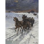 LAJOS KUBANYI (HUNGARIAN SCHOOL, 1855-1912)Winter Scene, Travelling by SleighOil on canvas, 99 x