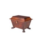 A GEORGE IV MAHOGANY RECTANGULAR CELLARETTE, with flat domed lid above a tapering fielded body,