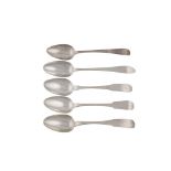 A COLLECTION OF FINE IRISH GEORGIAN SILVER TABLE SPOONS, comprising:- a pointed handle George III