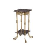 A FRENCH BRASS AND ROUGE MARBLE TWO-TIERED JARDINÈRE STAND, of squared upright form, with bound