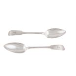 A PAIR OF GEORGE IV IRISH SILVER FIDDLE PATTERN SERVING SPOONS, Dublin 1829, makers mark probably
