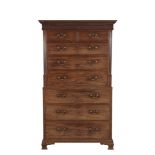 A GEORGE III MAHOGANY TALL BOY CHEST ON CHEST, the dentil moulded cornice above blind tracery and