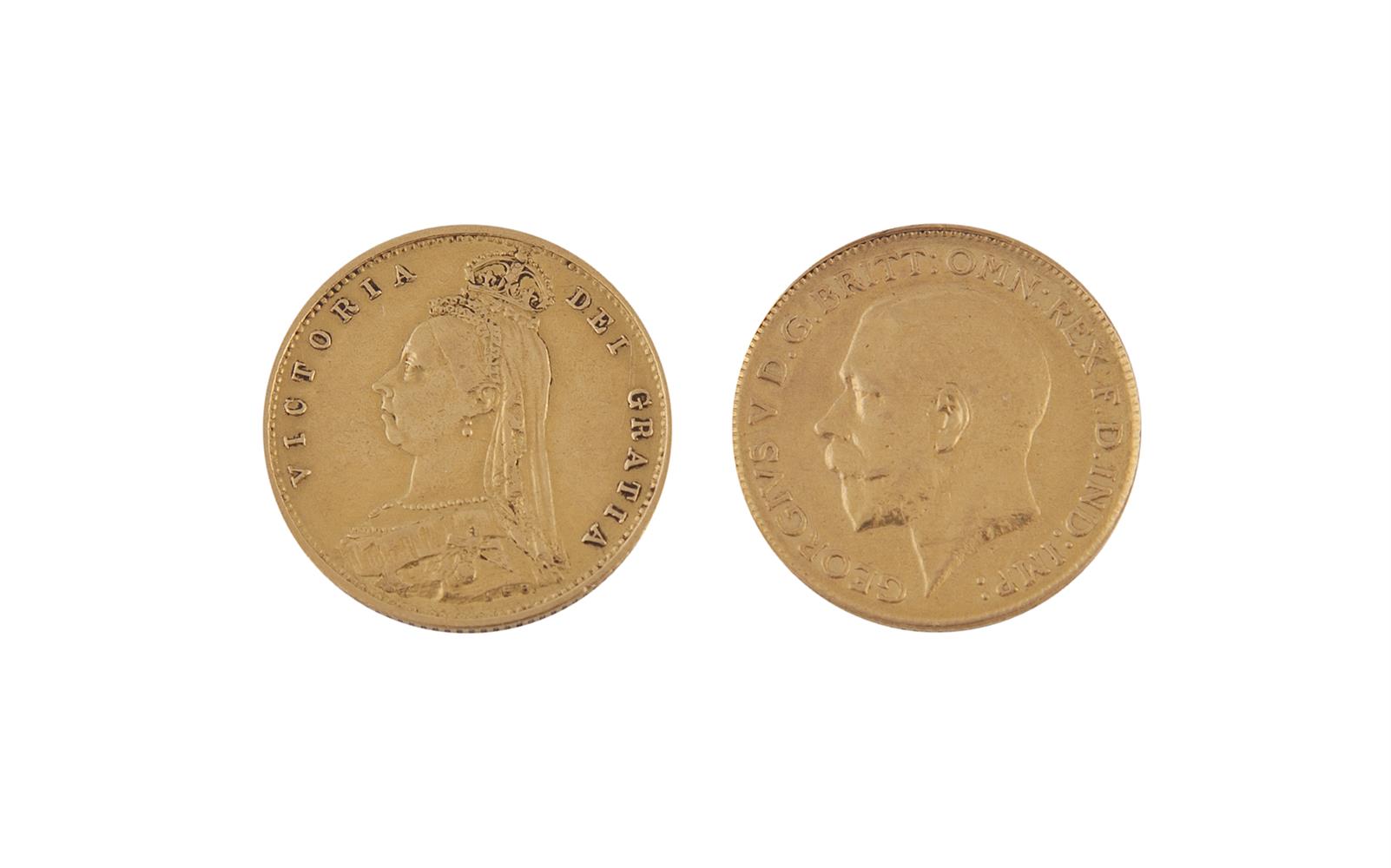 TWO HALF SOVEREIGN GOLD COINS, 1887, Queen Victoria, 1915, King George V, diameter 18mm.