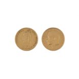 TWO HALF SOVEREIGN GOLD COINS, 1887, Queen Victoria, 1915, King George V, diameter 18mm.