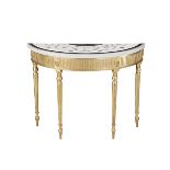 A GEORGE IV STYLE SEMI ELLIPTICAL GILTWOOD MARBLE TOP CONSOLE TABLE, the white marble top with