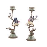 A PAIR OF FRENCH CELADON, PORCELAIN AND BRASS MOUNTED CANDLESTICKS, 20th century, of naturalistic