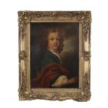 19TH CENTURY SCHOOLHalf length portrait of a young boy with long hair, wearing a green jacket and