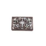 A FRENCH WHITE METAL TORTOISESHELL AND MOTHER OF PEARL INLAID SNUFF BOX, 19th century, unmarked,